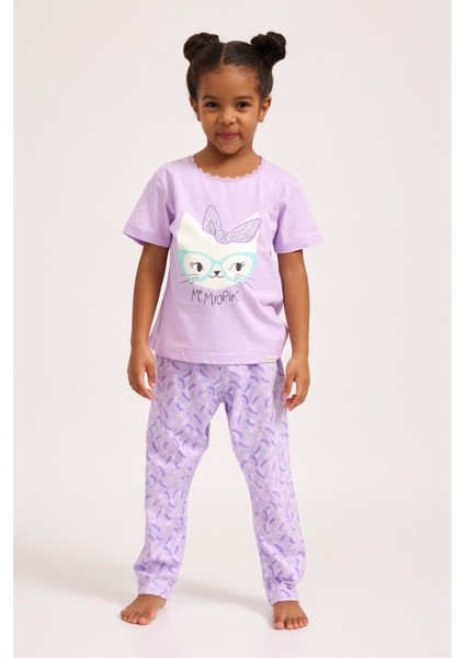 Katia & Bony Lavender Kedi Baskı Kız Çocuk T-Shirt Lila