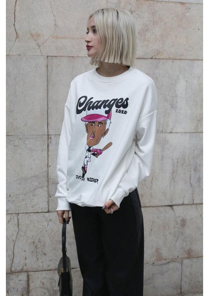 Ekru Baskılı Oversize Sweatshirt MG157810