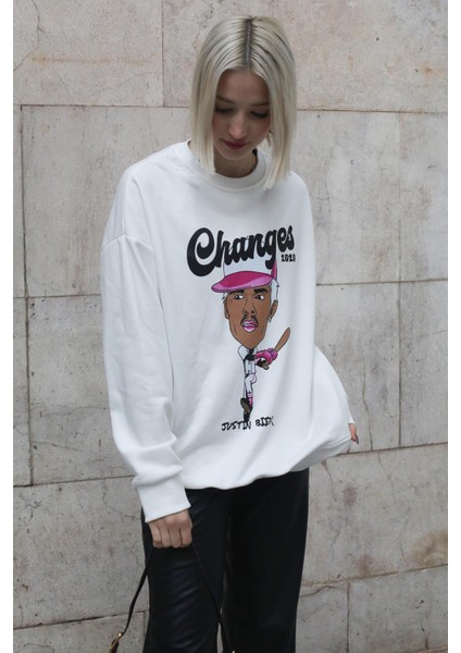 Ekru Baskılı Oversize Sweatshirt MG157810