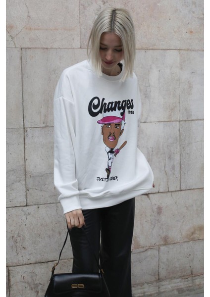 Ekru Baskılı Oversize Sweatshirt MG157810