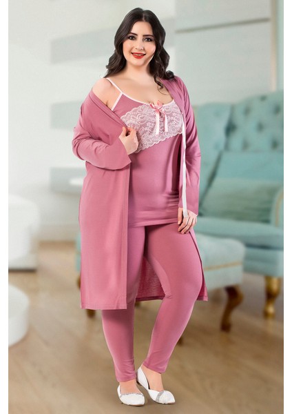 Kadın Büyük Beden Dantel Detay 3'lü Sabahlıklı Tayt Pijama Takım