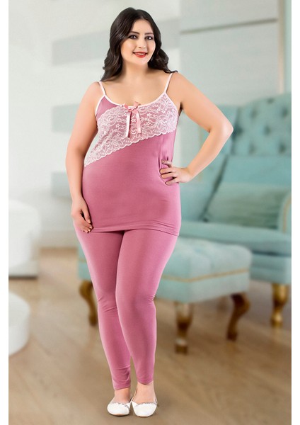 Kadın Büyük Beden Dantel Detay 3'lü Sabahlıklı Tayt Pijama Takım