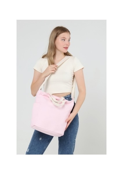 Icone Bag Pembe Renk Kadın Çantası, Yanları Cepli Kanvas Bez Çanta, Ayarlanabilir Kolon Askılı ve Fermuarlı