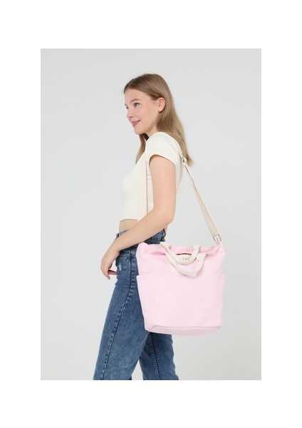 Icone Bag Pembe Renk Kadın Çantası, Yanları Cepli Kanvas Bez Çanta, Ayarlanabilir Kolon Askılı ve Fermuarlı fırsatları