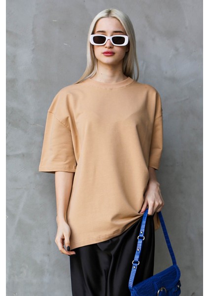 Bej Bisiklet Yaka Basic Oversize T-Shirt MG1687