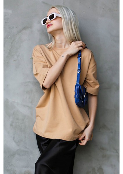 Bej Bisiklet Yaka Basic Oversize T-Shirt MG1687 fiyatları