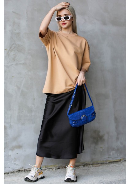 Bej Bisiklet Yaka Basic Oversize T-Shirt MG1687 modelleri