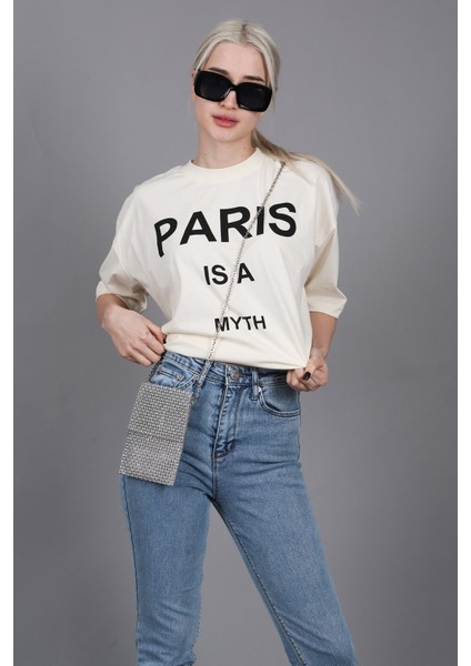 Ekru Paris Baskılı Kadın Tişört MG1654