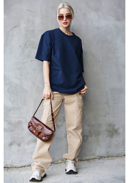 Lacivert Bisiklet Yaka Basic Oversize T-Shirt MG1687