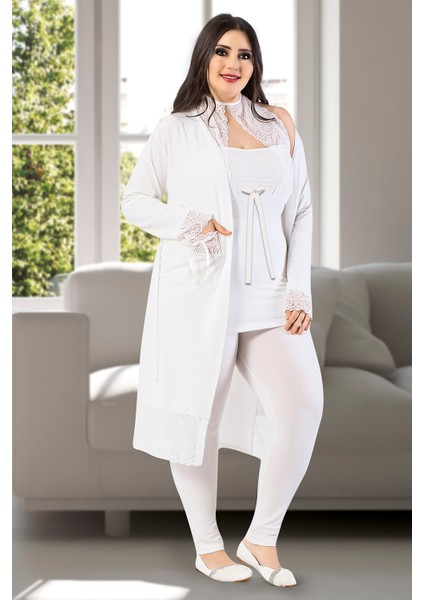 Kadın Sabahlıklı Büyük Beden 3'lü Pijama Takım