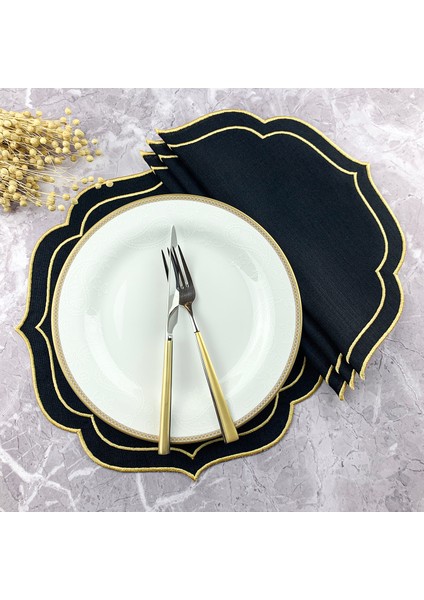 Siyah Renkli Gold Çift Sargı Nakışlı 4'lü Amerikan Servis