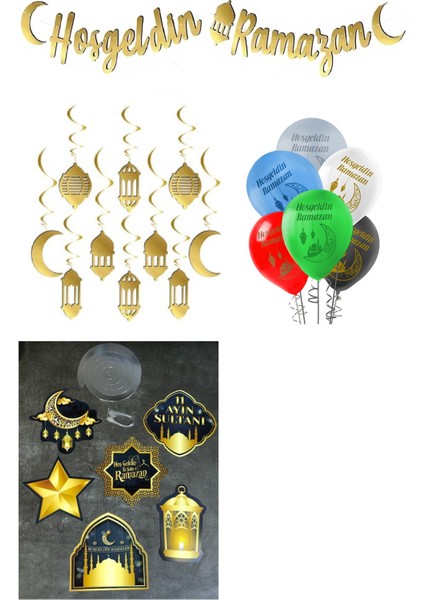 23 Parça Hoşgeldin Ramazan Banner,6 Baskılı Balon,6'lı Ramazan Süsleri Tavan Sarkıt,10'lu Goldsarkıt