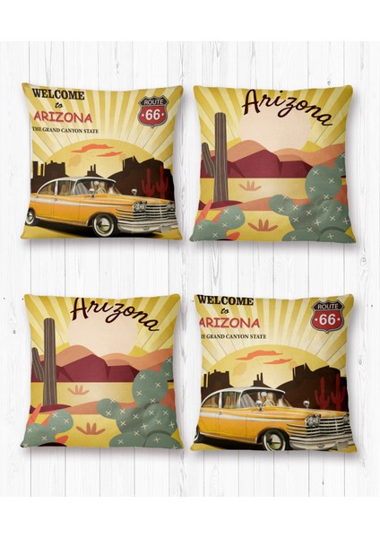 Sarı Retro Araba 4'Lü Kırlent Kılıfı-PLS19-04