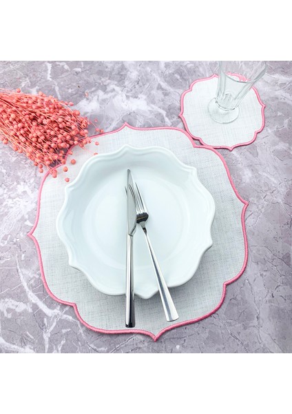 Pembe Renkli Nakışlı 2 Parça Set Amerikan Servis ve Kokteyl Peçetesi