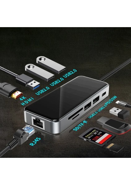 Airsky Type-C To HDMI USB 3.0 RJ45 Usb-C 60W Tf ve Sd Dönüştürücü Hub - AL3575