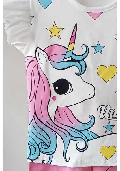 Yazlık Unicorn Baskılı Kolları Fırfır Detay Şort T-Shirt Takım
