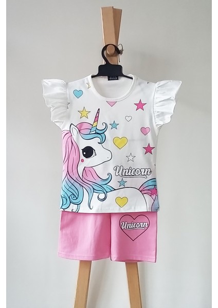 Yazlık Unicorn Baskılı Kolları Fırfır Detay Şort T-Shirt Takım