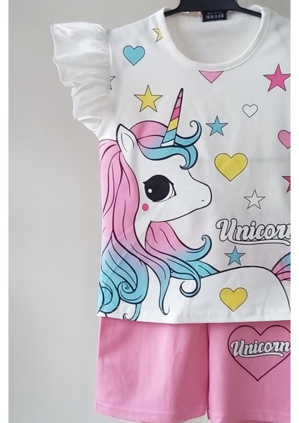 Yazlık Unicorn Baskılı Kolları Fırfır Detay Şort T-Shirt Takım