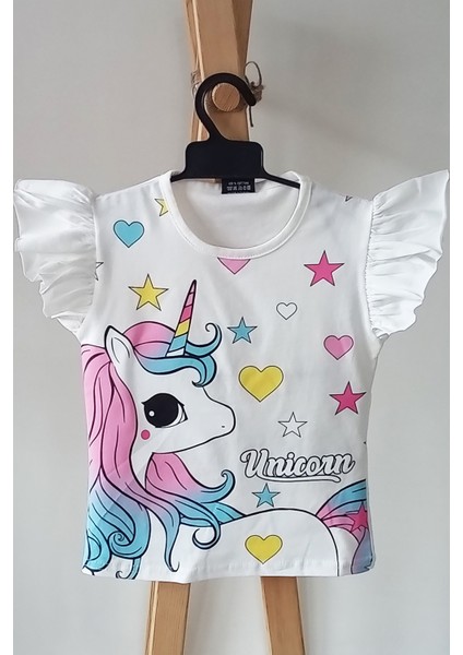 Yazlık Unicorn Baskılı Kolları Fırfır Detay Şort T-Shirt Takım