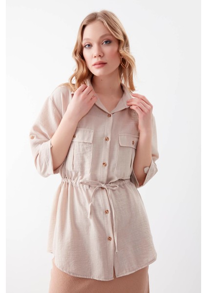 Beli Büzgülü Kapak Cepli Viskon Keten Gömlek