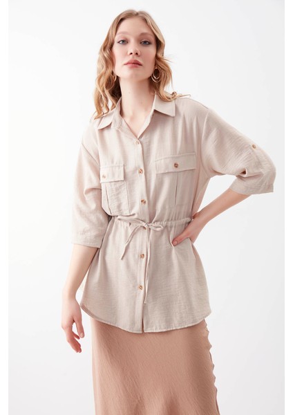 Beli Büzgülü Kapak Cepli Viskon Keten Gömlek fiyatları