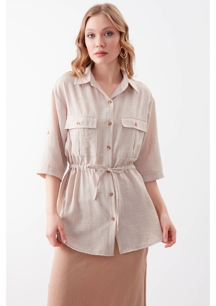 Beli Büzgülü Kapak Cepli Viskon Keten Gömlek modelleri
