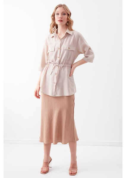 Beli Büzgülü Kapak Cepli Viskon Keten Gömlek fırsatları