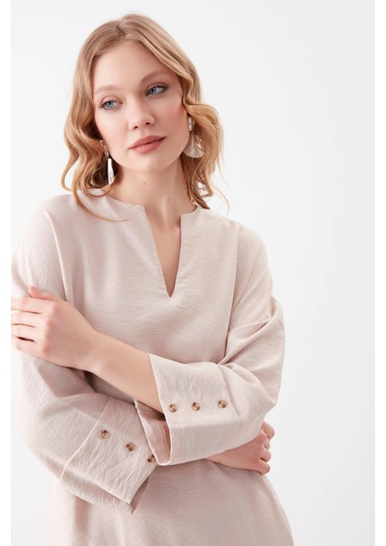 V Yaka Kolu Düğme Detaylı Cepli Elbise10 fiyatları