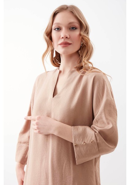 V Yaka Kolu Düğme Detaylı Cepli Elbise10 fiyatları