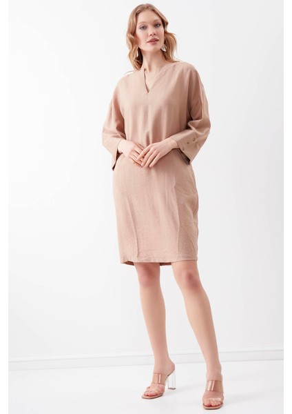 V Yaka Kolu Düğme Detaylı Cepli Elbise10 indirimleri