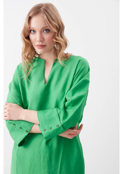 V Yaka Kolu Düğme Detaylı Cepli Elbise10 modelleri