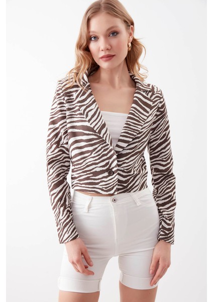 Zebra Desen Tek Düğme Crop Ceket