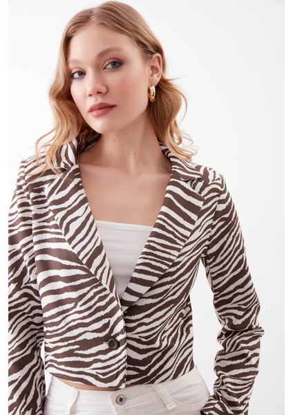Zebra Desen Tek Düğme Crop Ceket