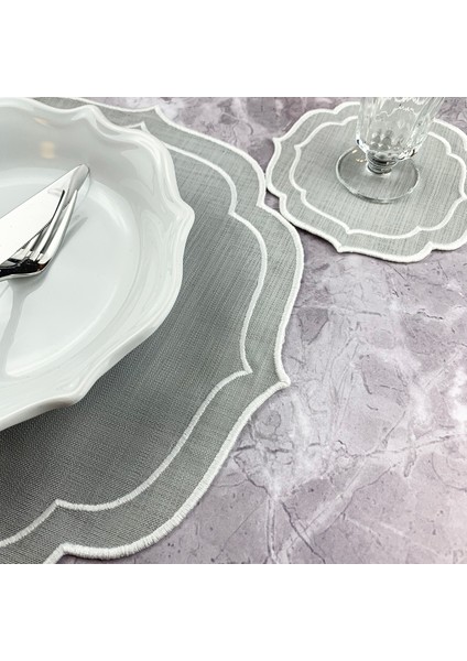 Gri Renkli Beyaz Çift Sargı Nakışlı 4 Parça Set Amerikan Servis ve Kokteyl Peçetesi fiyatları