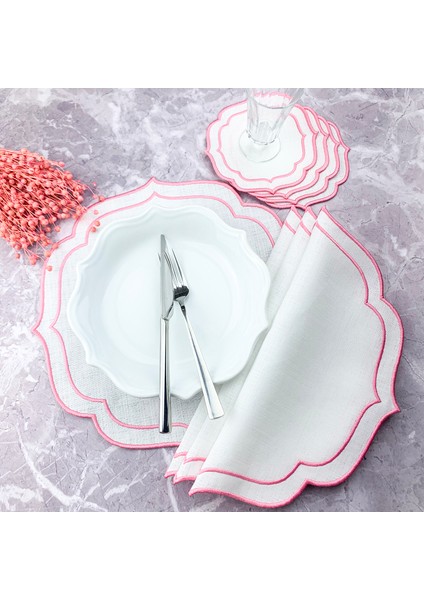 Pembe Renkli Çift Sargı Nakışlı 8 Parça Set Amerikan Servis ve Kokteyl Peçetesi