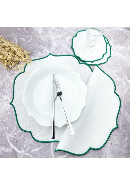 Yeşil Renkli Nakışlı 4 Parça Set Amerikan Servis ve Kokteyl Peçetesi