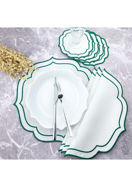 Yeşil Renkli Çift Sargı Nakışlı 8 Parça Set Amerikan Servis ve Kokteyl Peçetesi
