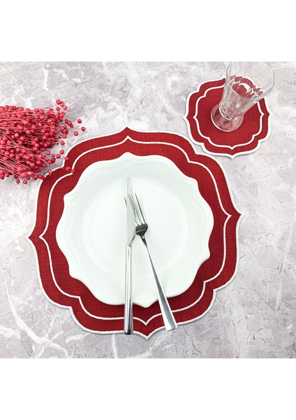 Bordo Renkli Beyaz Çift Sargı Nakışlı 2 Parça Set Amerikan Servis ve Kokteyl Peçetesi