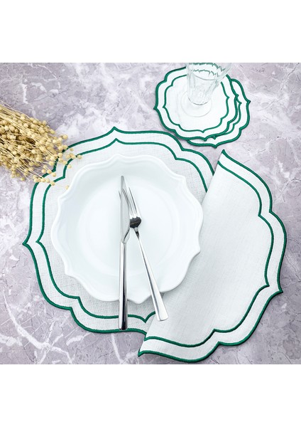 Yeşil Renkli Çift Sargı Nakışlı 4 Parça Set Amerikan Servis ve Kokteyl Peçetesi
