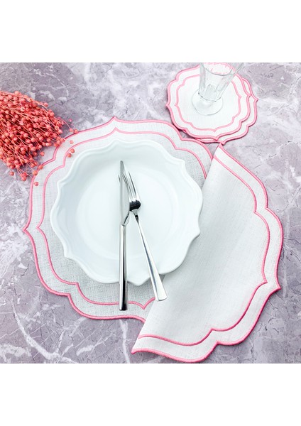 Pembe Renkli Çift Sargı Nakışlı 4 Parça Set Amerikan Servis ve Kokteyl Peçetesi