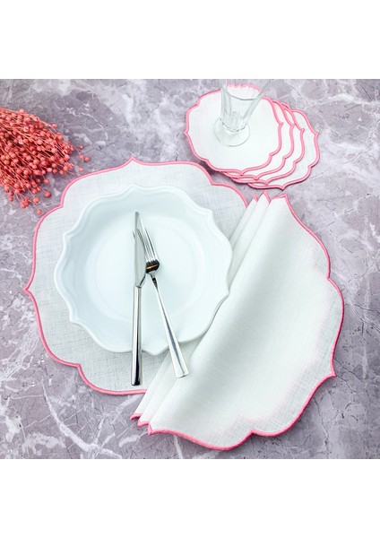 Pembe Renkli Nakışlı 8 Parça Set Amerikan Servis ve Kokteyl Peçetesi