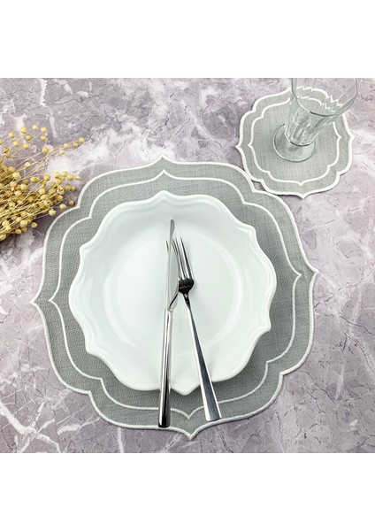 Gri Renkli Beyaz Çift Sargı Nakışlı 2 Parça Set Amerikan Servis ve Kokteyl Peçetesi