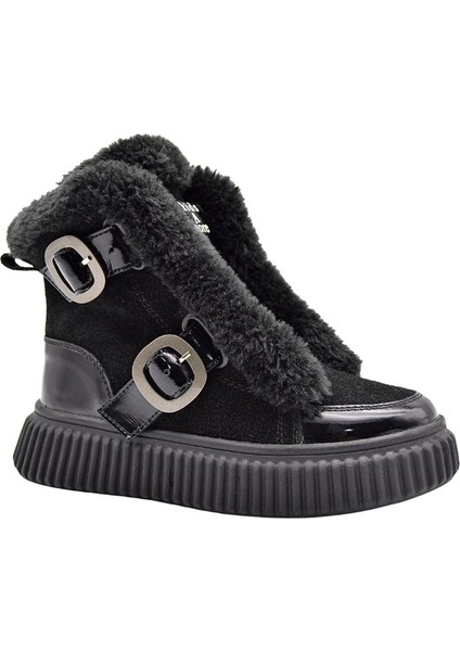 Lana Kürk Detaylı Deri Kız Çocuk Bot Siyah