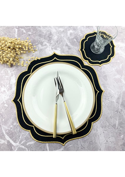 Siyah Renkli Gold Çift Sargı Nakışlı 2 Parça Set Amerikan Servis ve Kokteyl Peçetesi