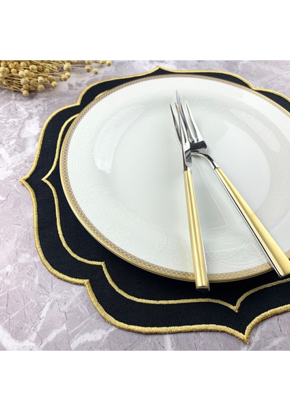 Siyah Renkli Gold Çift Sargı Nakışlı 2 Parça Set Amerikan Servis ve Kokteyl Peçetesi fiyatları