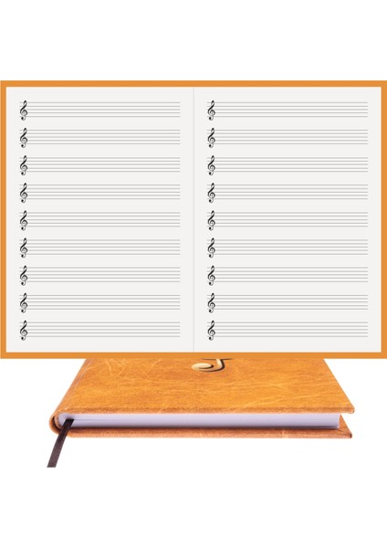 Müzik Defteri - Sol Anahtarlı - %100 El Yapımı, El Dikişi (İplik Dikiş) Deri Görünümlü "Benzersiz Ürün" A/5 Kavun