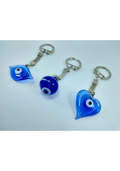 Cam Nazar Boncuğu Anahtarlık Üçlü Set El Yapımı Göz+Kalp+Küre Çizgili Anahtarlık Aksesuar fiyatları