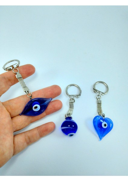 Cam Nazar Boncuğu Anahtarlık Üçlü Set El Yapımı Göz+Kalp+Küre Çizgili Anahtarlık Aksesuar modelleri