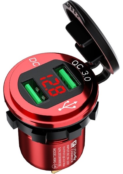 Araba Motosiklet Modifiye USB Şarj Qc3.0 Metal Su Geçirmez Hızlı Şarj (Kırmızı Kabuk Kırmızı Işık) (Yurt Dışından)