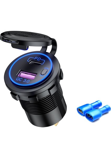 Araba Motosiklet Gemi Modifiye USB Şarj Su Geçirmez Pd + Qc3.0 Hızlı Şarj, Model: Terminali ile Mavi Işık (Yurt Dışından)